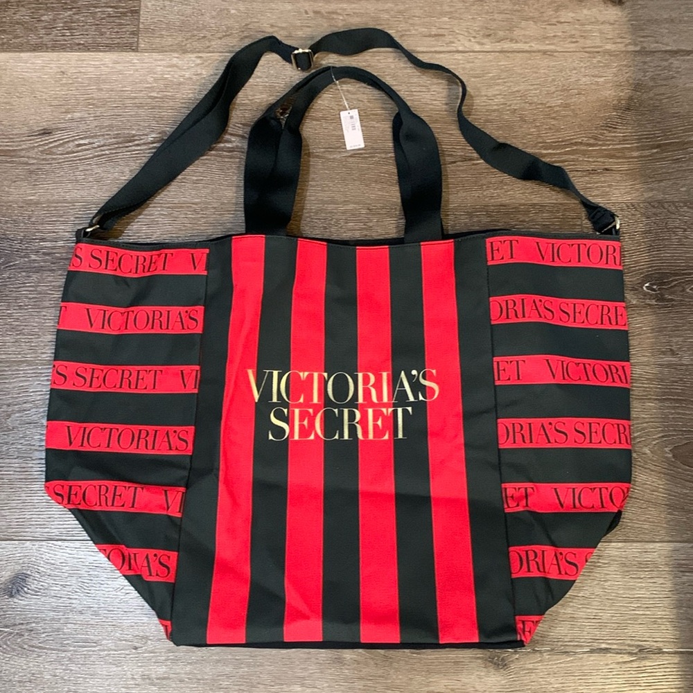 Victoria’s Secret Weekender Tote Bag XL Red Black Striped. Logo. Large bag. New!